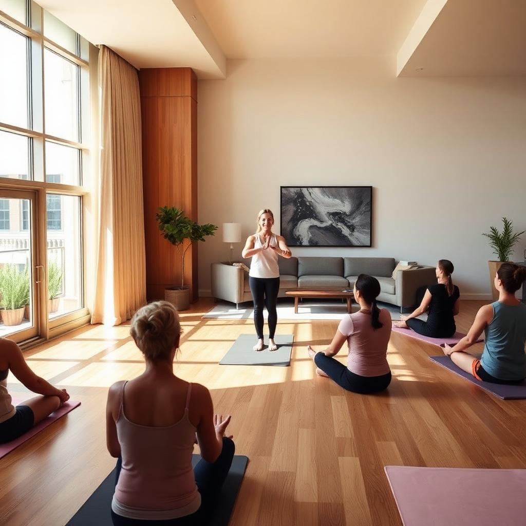 A yoga instructor leading a class of residents inside a bright residential amenity lounge.