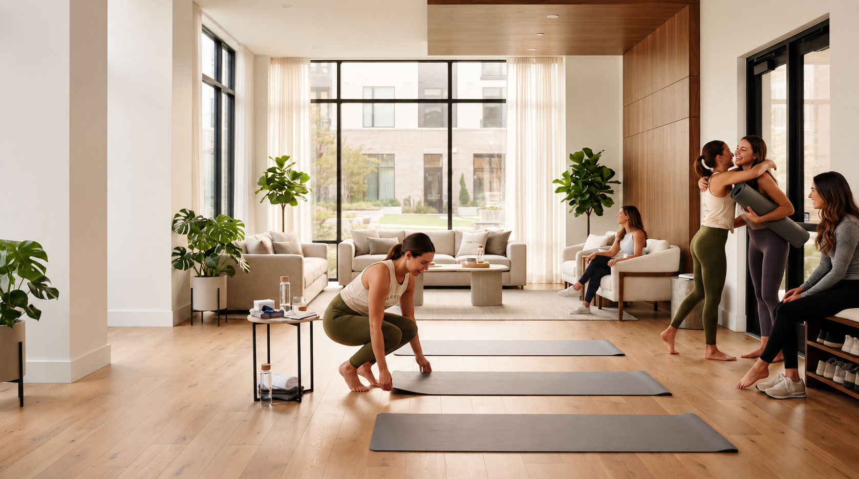 Residents setting up yoga mats and greeting one another in a sunlit community wellness space.