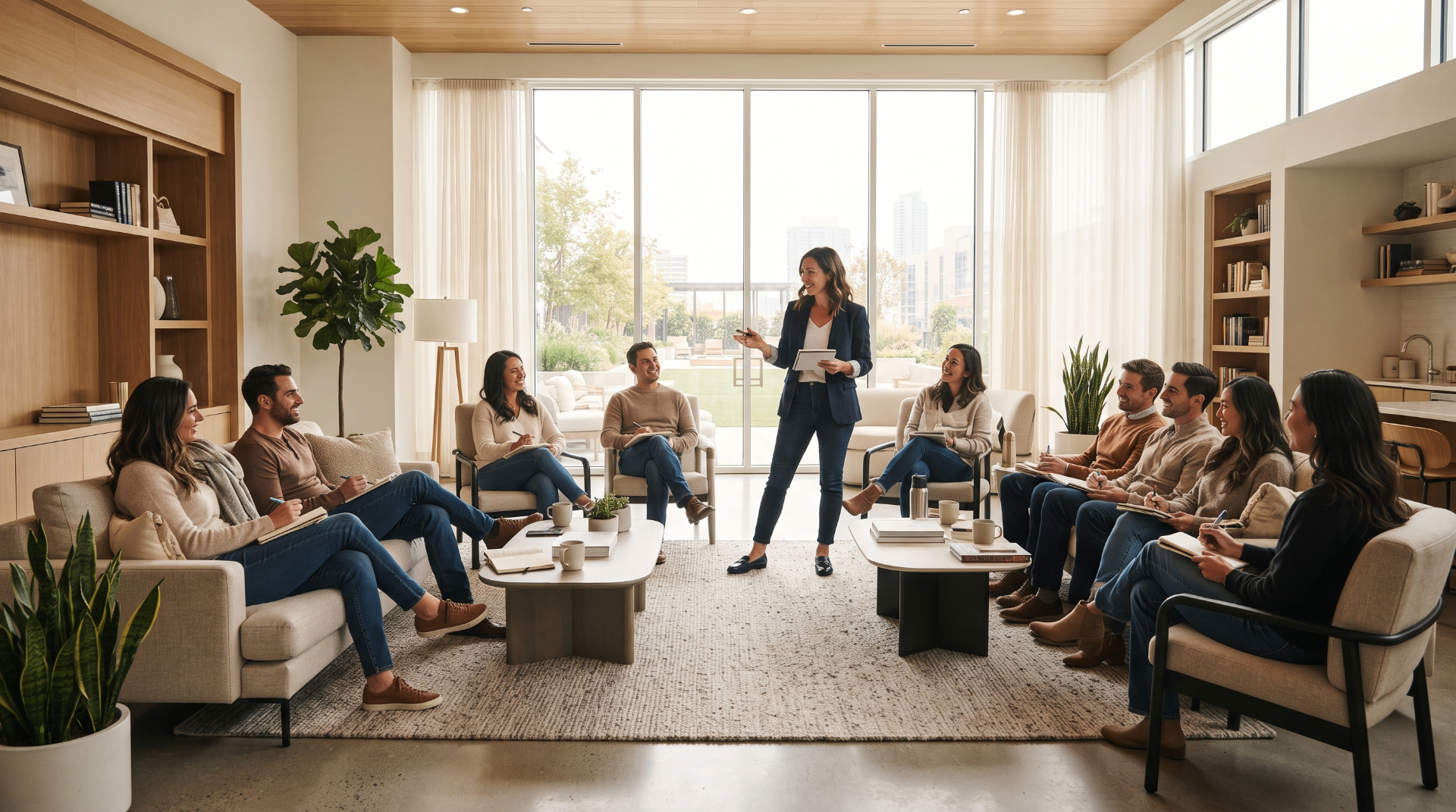 A facilitator leading a workshop with residents seated in a bright community lounge.
