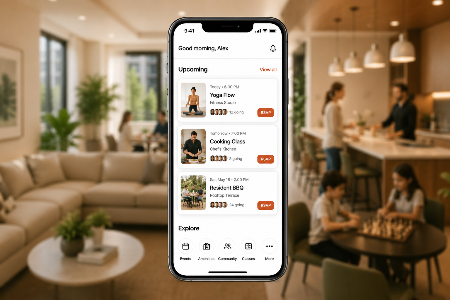 Resident app on a phone showing upcoming building events over a blurred amenity lounge background.