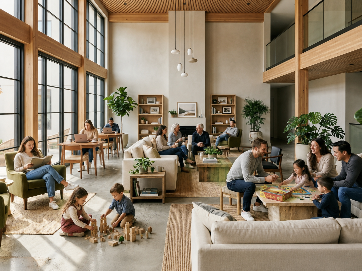 Residents of all ages gathered in a bright community lounge — families playing games, neighbors sharing coffee, and children building with wooden blocks.